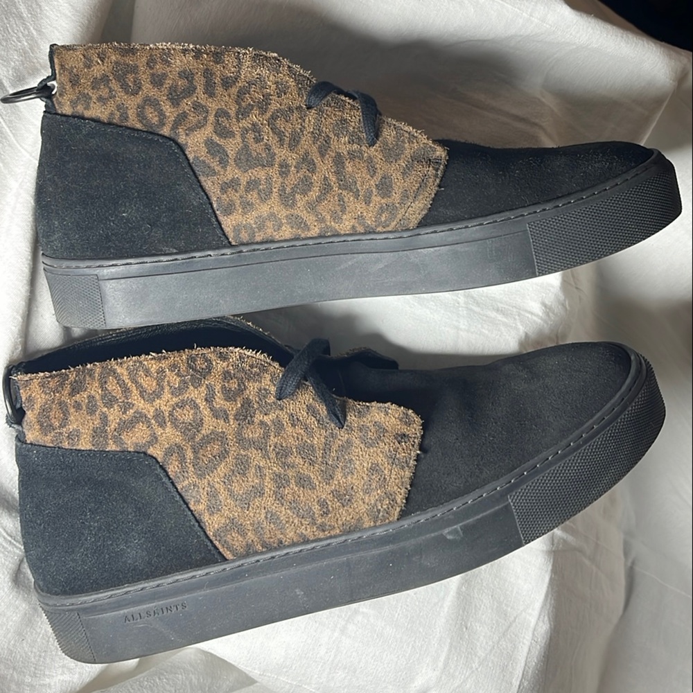 AllSaints Suede Black and Leopard Print Sneakers